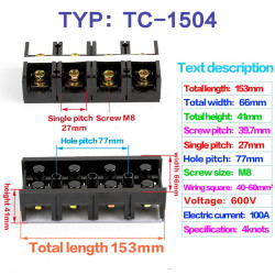 High Current Terminal Block TC-1504 150A 4P 600V Double Row Screw M8
